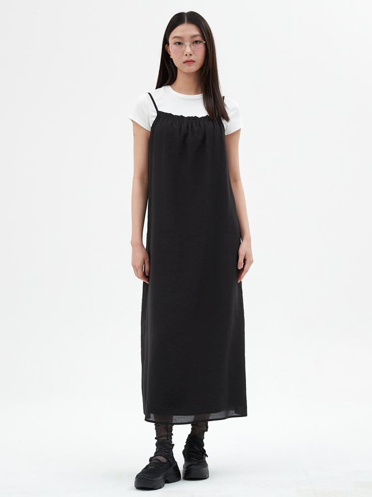 Elssibeui Shirring Sleeveless Dress_Black