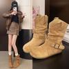 Western cowboy boots Martin boots women's shoes retro suede buckle 2025 new summer design pleated small short boots