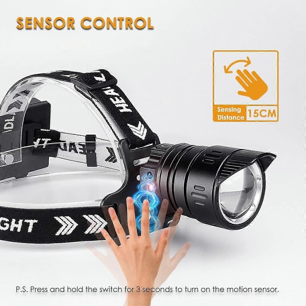Super Bright 10000 Lumens Headlamp, XHP90.2 USB Rechargeable Headlamp with Motion Sensor, 3 Light Modes, Variable Focus