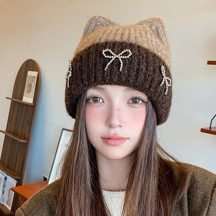 Autumn and Winter New Cute Cat Ears Bow Woolen Hat Versatile Women's Large Head Circumference Ear Protection Knitted Cold Hat
