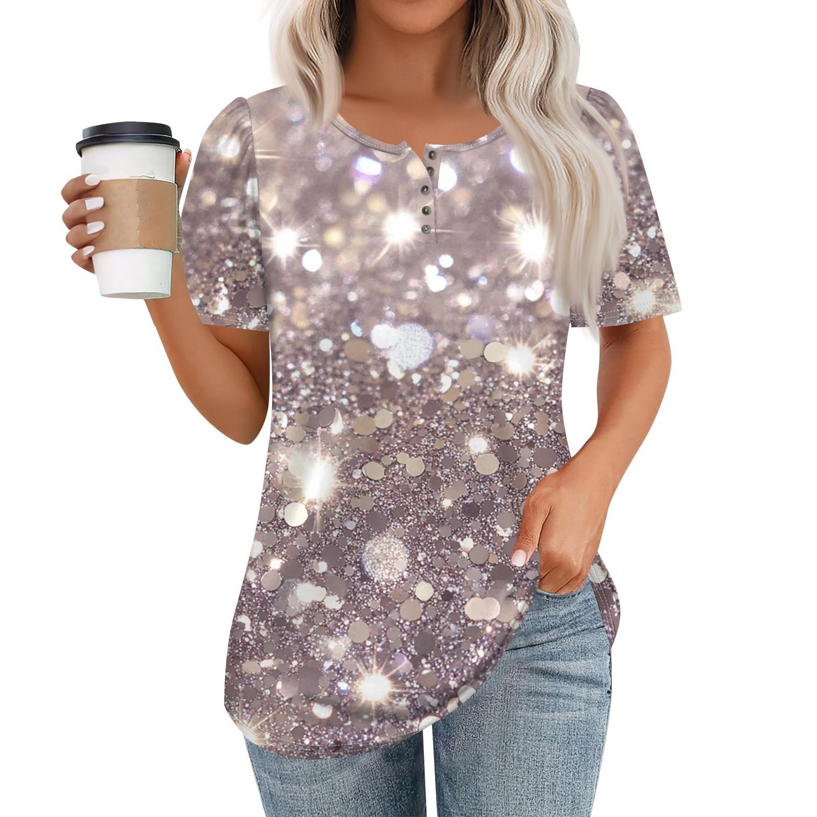 

Женский модный повседневный короткий рукав пуловер с принтом на пуговицах и круглым вырезом S серебряный