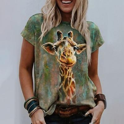 Dam T-shirt Tee Girafftryck Vardag Helg Basic Kortärmad Rund hals Eget tryck