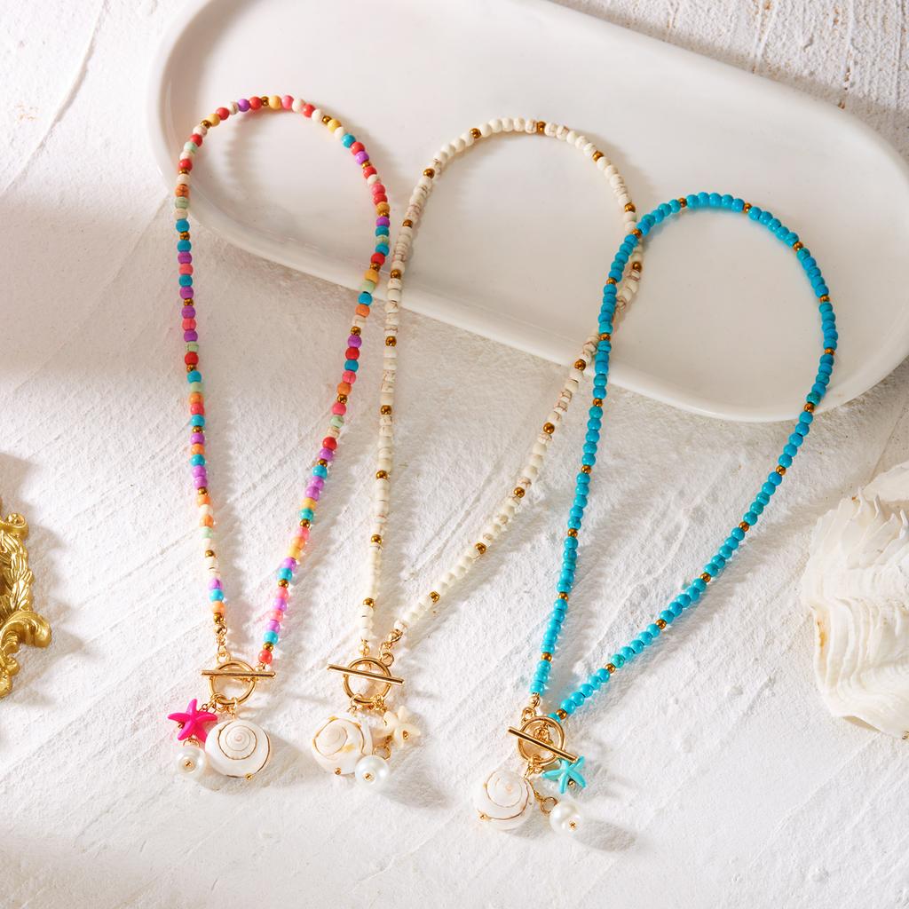 Bohemian Colorful Beaded Starfish OT Buckle Pendant Necklace for Women Imitation Pearl Conch Necklace Summer Party Jewelry