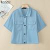 ZANZEA Women Casual Turn Down Collar Summer Short Sleeve Blouse