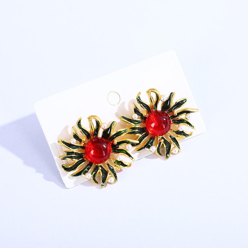 Винтажные Эмалированные Серьги-Гвоздики Подсолнух с Каплями Масла Высококачественные Жемчужные Серьги Женские Легкая Роскошь Средневековый Дворцовый Стиль Серьги