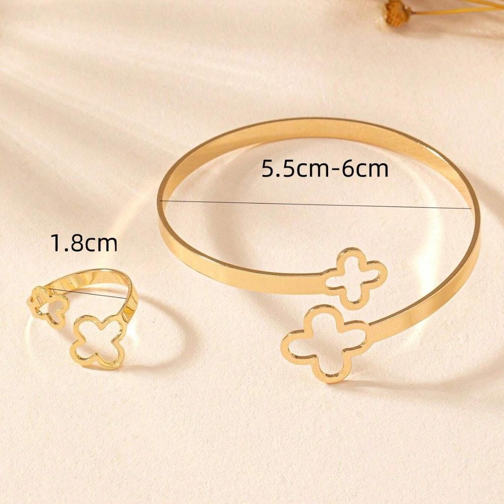 Cut-Out Size Four-Leaf Flower Overlapping Bracelet Simple Metal Clover Couple Bracelet Set