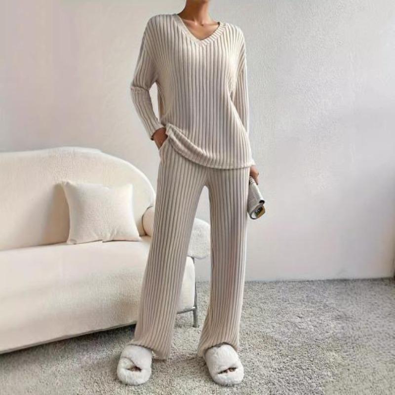 New Autumn Winter Women Two Piece Loungewear Set, Elegant Loose V-Neck Casual Outfit With Straight Leg Pants