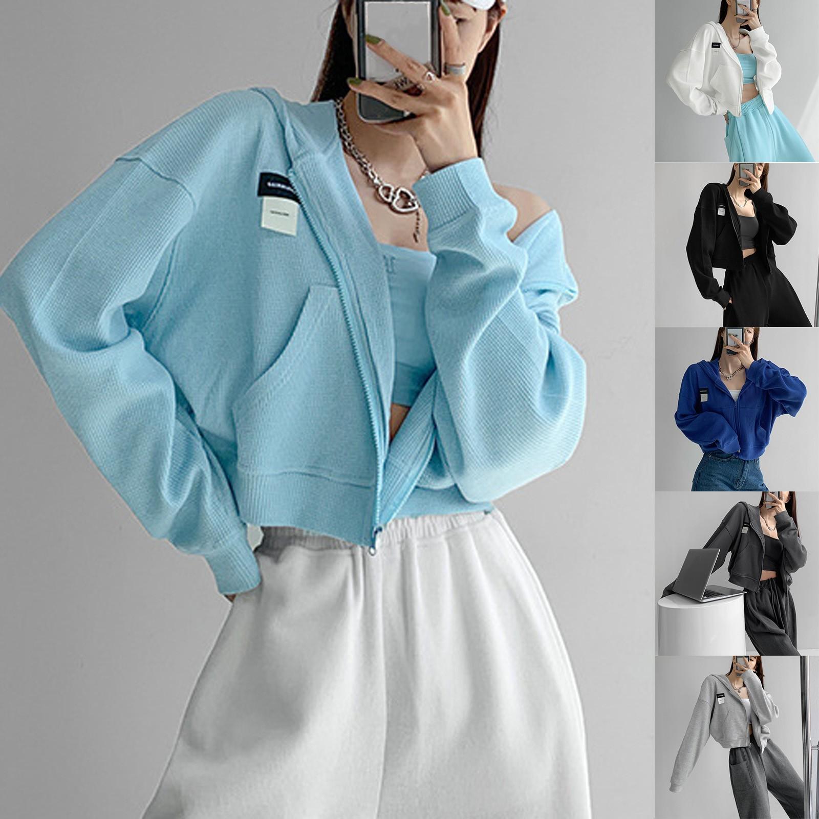 

Women s Fashion Solid Color Long Sleeve Jacket Pocket Loose Hooded Short Zipper Coat L