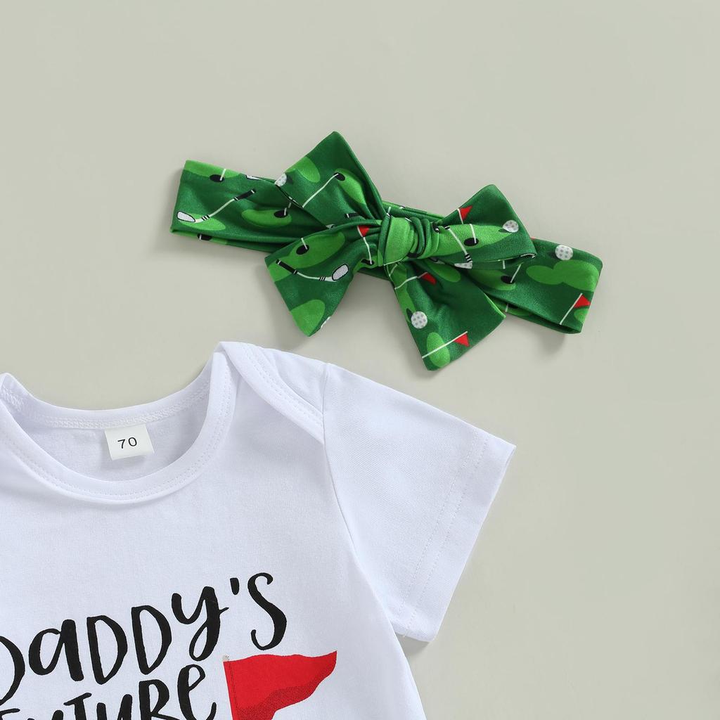 Baby Boys Clothes Suits Letter Print Short Sleeve Crew Neck Romper Golf Print Shorts Headband 3Pcs Set