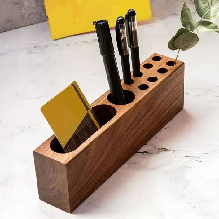 Wooden Desk Organiser Tray with Business Cards Stand and Multi Sots Pen Storage Container For Offices Desk Organization