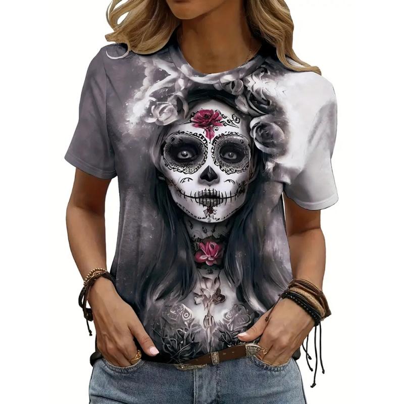 Skeleton Flower Pattern T-Shirt Women 3D Printed Short Sleeves Summer Loose O-Neck Casual Comfortable Fashionable T-shirt