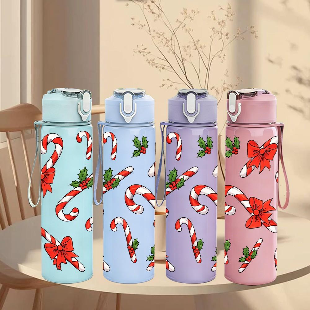 1PC Red Poinsettia Christmas Leaf Pattern 750ml Color Plastic Sports Water Bottle Leakproof Flip Straw Lid Suitable for Sports Office Home Use