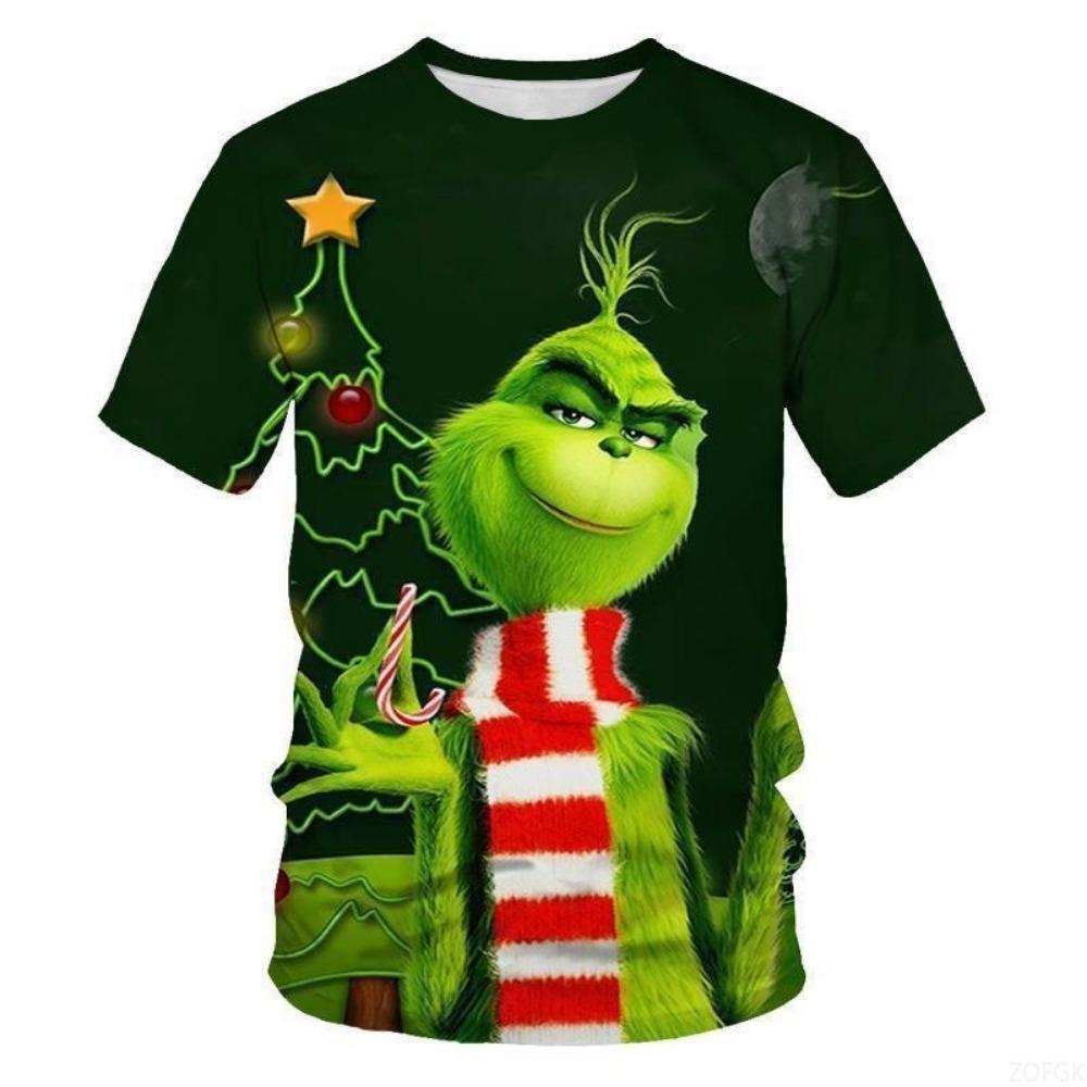 Nowy Świąteczny Kreskówkowy Zielony Futrzany Potwór Drukowany 3D Męski T-shirt z Krótkim Rękawem Świąteczny Grinch