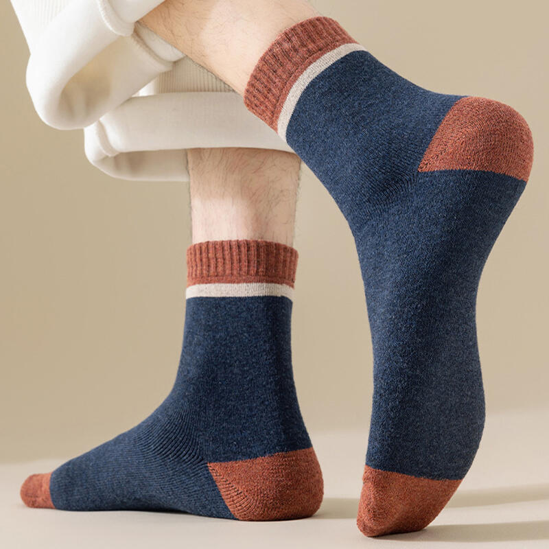 7 Pairs of Men's Winter Color Block Lined Pile Mid-Calf Socks
