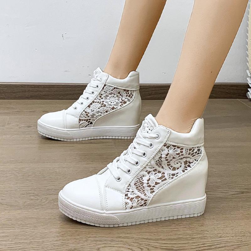 Damskie Sneakersy na Koturnie Platformie Gumowe Obcasy Sznurowane Buty Zwiększające Wzrost Białe Grube Podeszwy