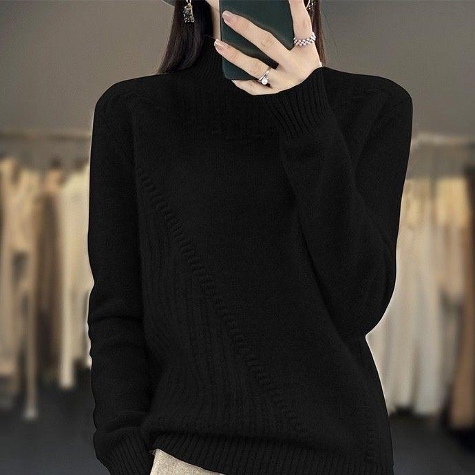 Women's Sweater Semi High Neck Thick Solid Color Sweater Pullover Casual Loose and Slimming Knitted Sweater