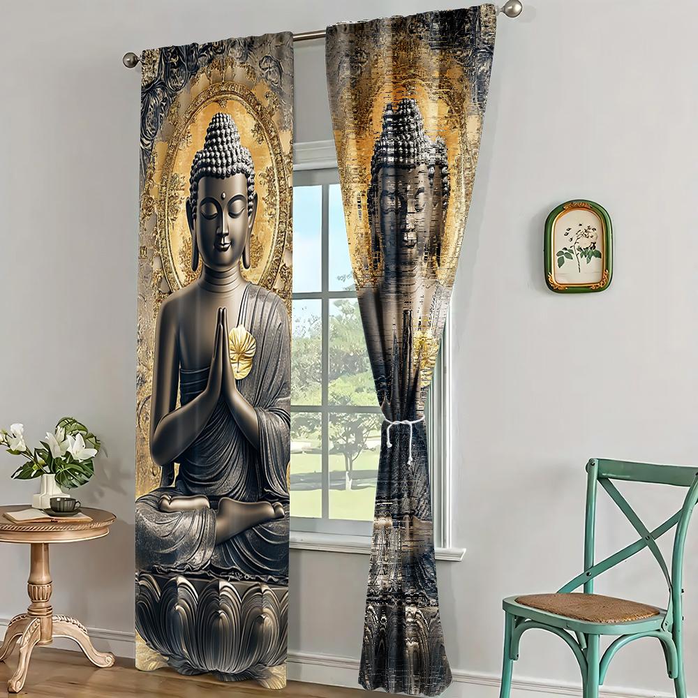 2Pc Buddha Printed Curtains Polyester Classic Style For Home Decor Window Treatment For Bedroom Office Kitchen Living Room And