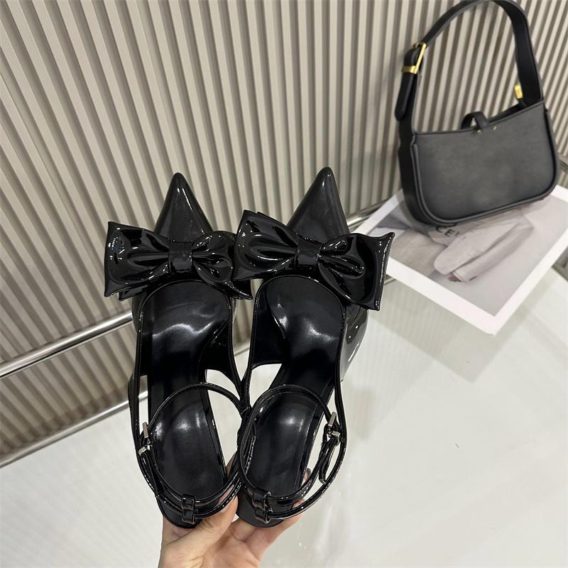 Wine Red Ankle Strap Stilettos For Woman Patent Leather Bow Pointed Toe Slingbacks High Heels Sandals Women Pumps Shoes