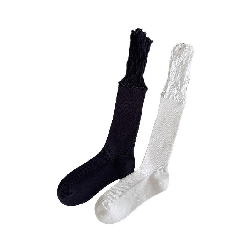 Socken im Ballettstil für Damen, Süße Patchwork-Mittelwadensocken mit Spitze, Dünner Stil für Frühling und Herbst, Niedliche schwarze, ohrenbesetzte Frotteesocken, Lolita