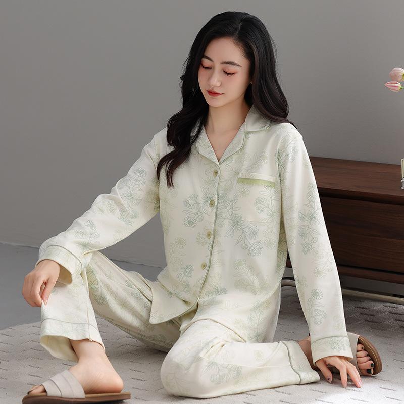 Women's pure cotton spring and autumn pajamas long sleeves can be worn outside autumn women's high-end cardigan loungewear cotton suit