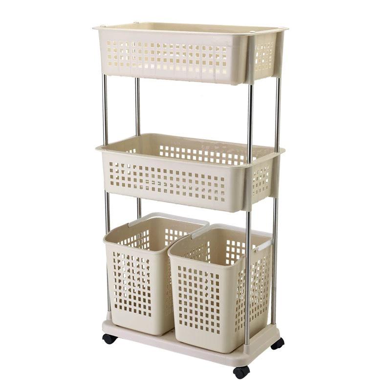 Three-Tier Rolling Storage Rack: Plastic Shelf for Bathroom, Kitchen, or Laundry.