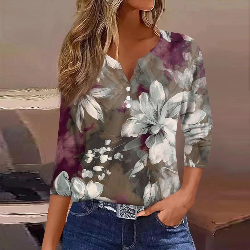 Women's Fashion Casual Floral Print V-Neck Decorative Button Three-quarter Sleeve T-Shirt Top