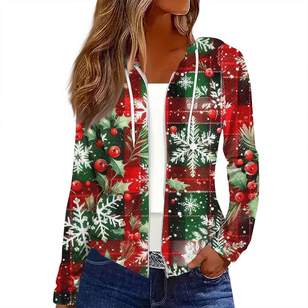 Women's Fashion Christmas Print Casual Zip-Up Long-Sleeved Hooded Jacket