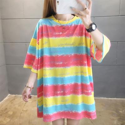 Color Stripes Contrast Color Summer 2025 Large Wide Women's Top Women's Short Sleeve T-Shirt Crew Neck