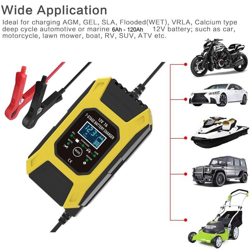 FOXSUR 12V 7A 7-Stage Pulse Battery Charge for EFB GEL WET AGM Car Motorcycle Battery Charger (EU
