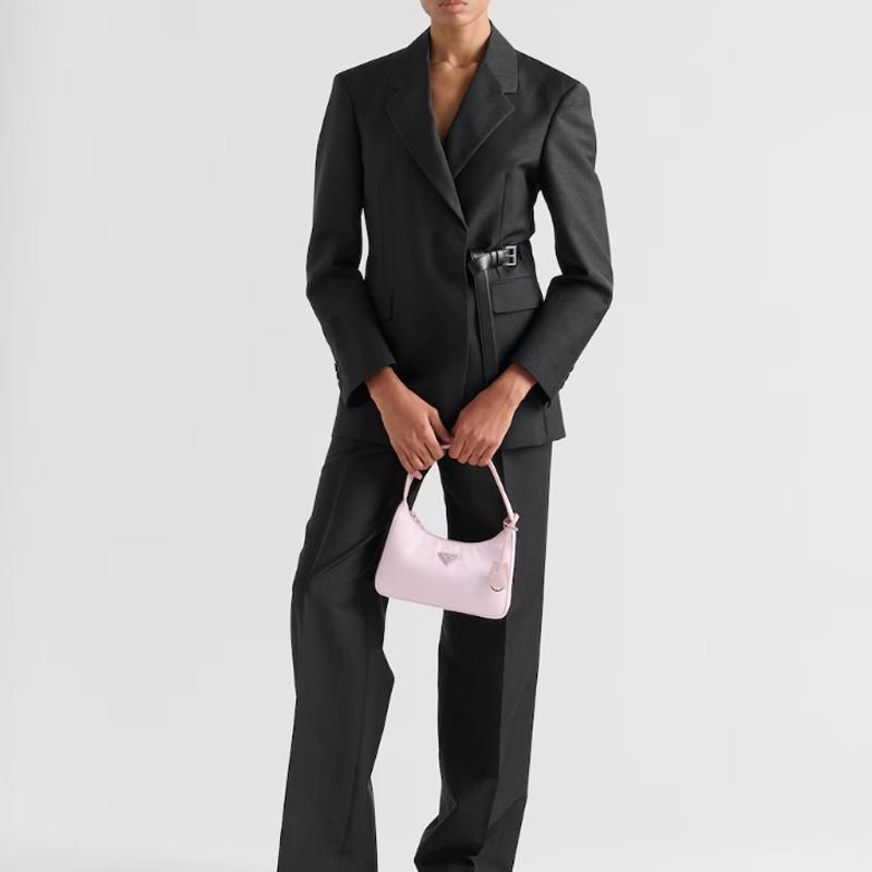 Prada Re-Edition Triangle Logo Solid Color Fabric Underarm Tote Shoulder Bag Women Bags Pink 1NE515_RDH0_F0E18