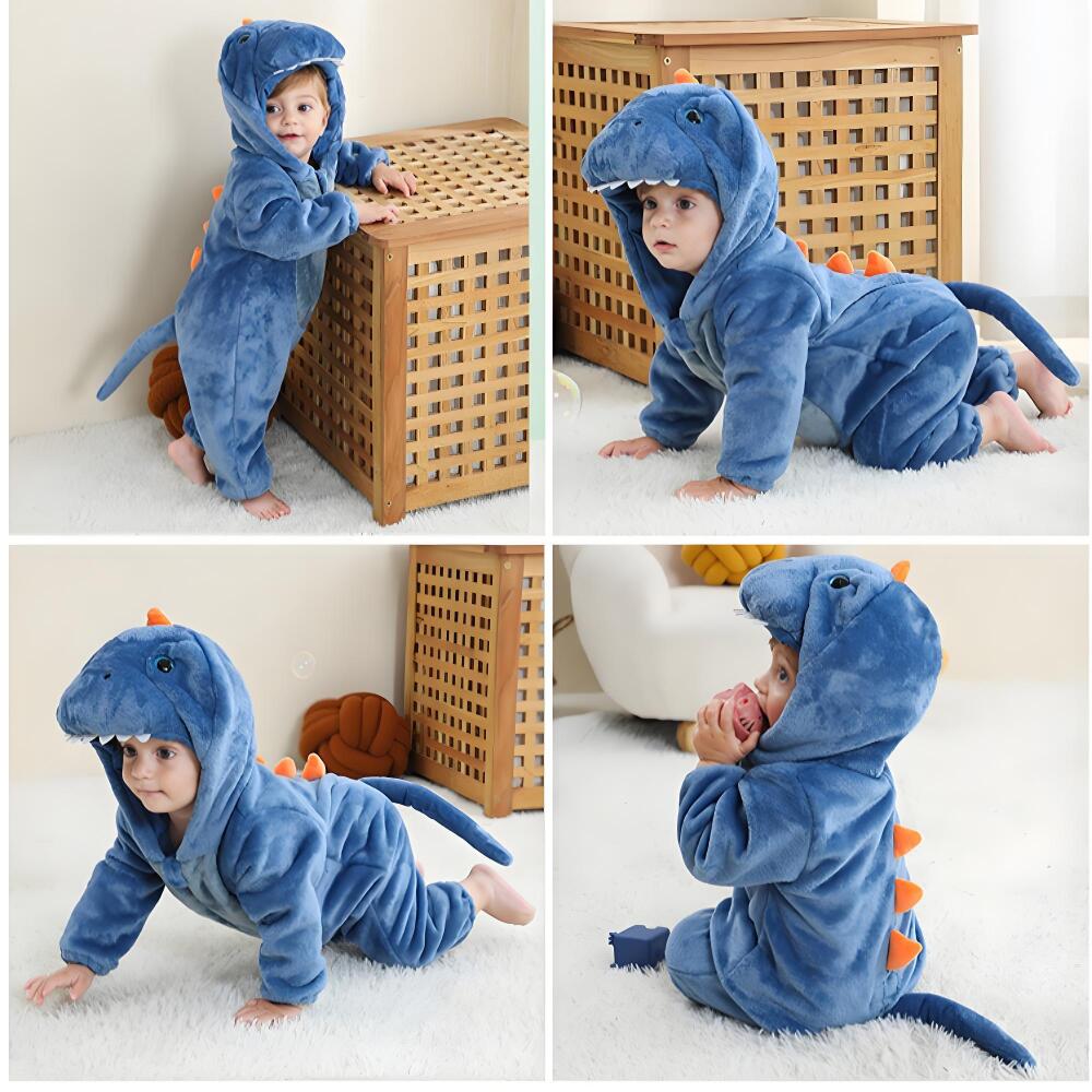 Baby-Tierkostüm Strampler, Kapuzen- Flanell-Einteiler mit 3D-Tierdesign und Zwei-Wege-Reißverschluss