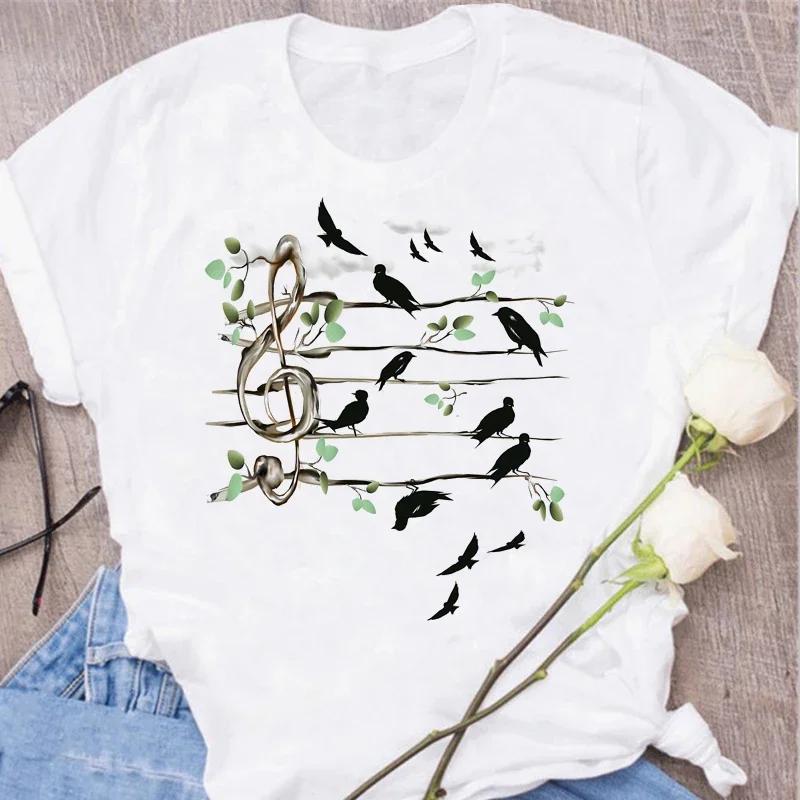Damen T-Shirt Musik Oberteile Kurzarm Schwarz T-Shirt Damen Lässig Neu Harajuku Lustig Musiknote Kunst T-Shirt Mode