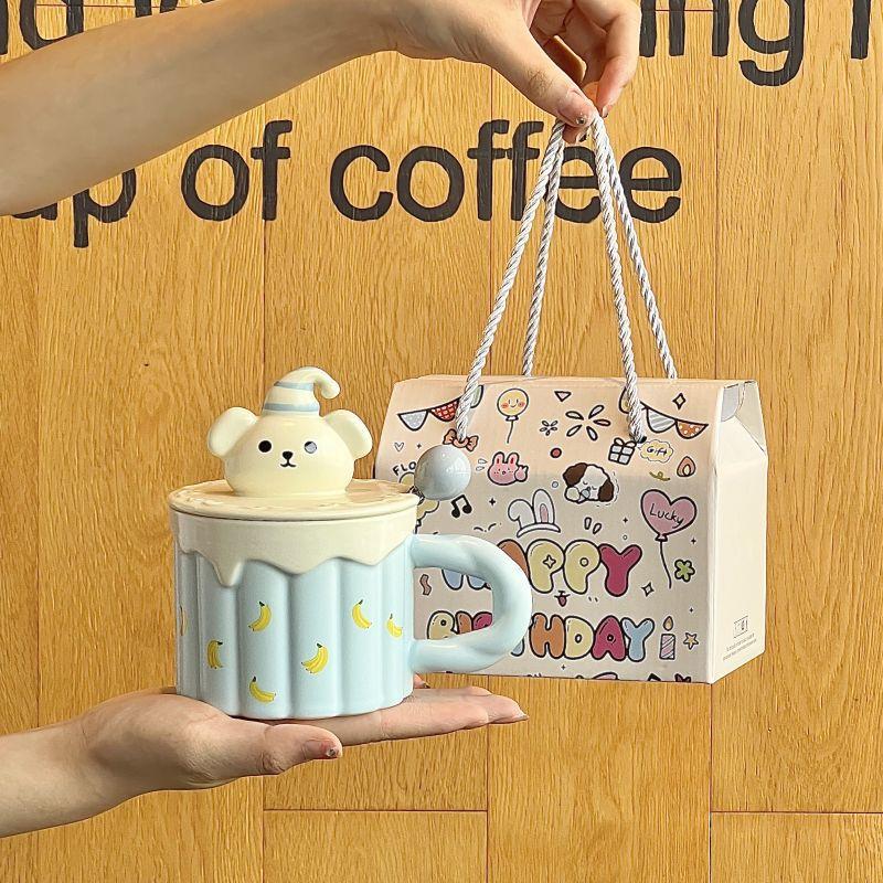 Cute cartoon yellow bear ceramic mug with lid spoon large capacity drinking cup birthday gift practical for girls