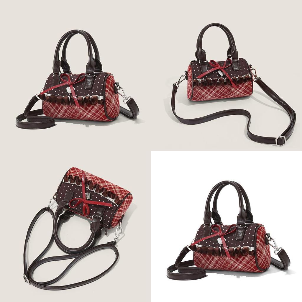Canvas Small Square Bag With Red Plaid Patchwork For Daily Casual Wear