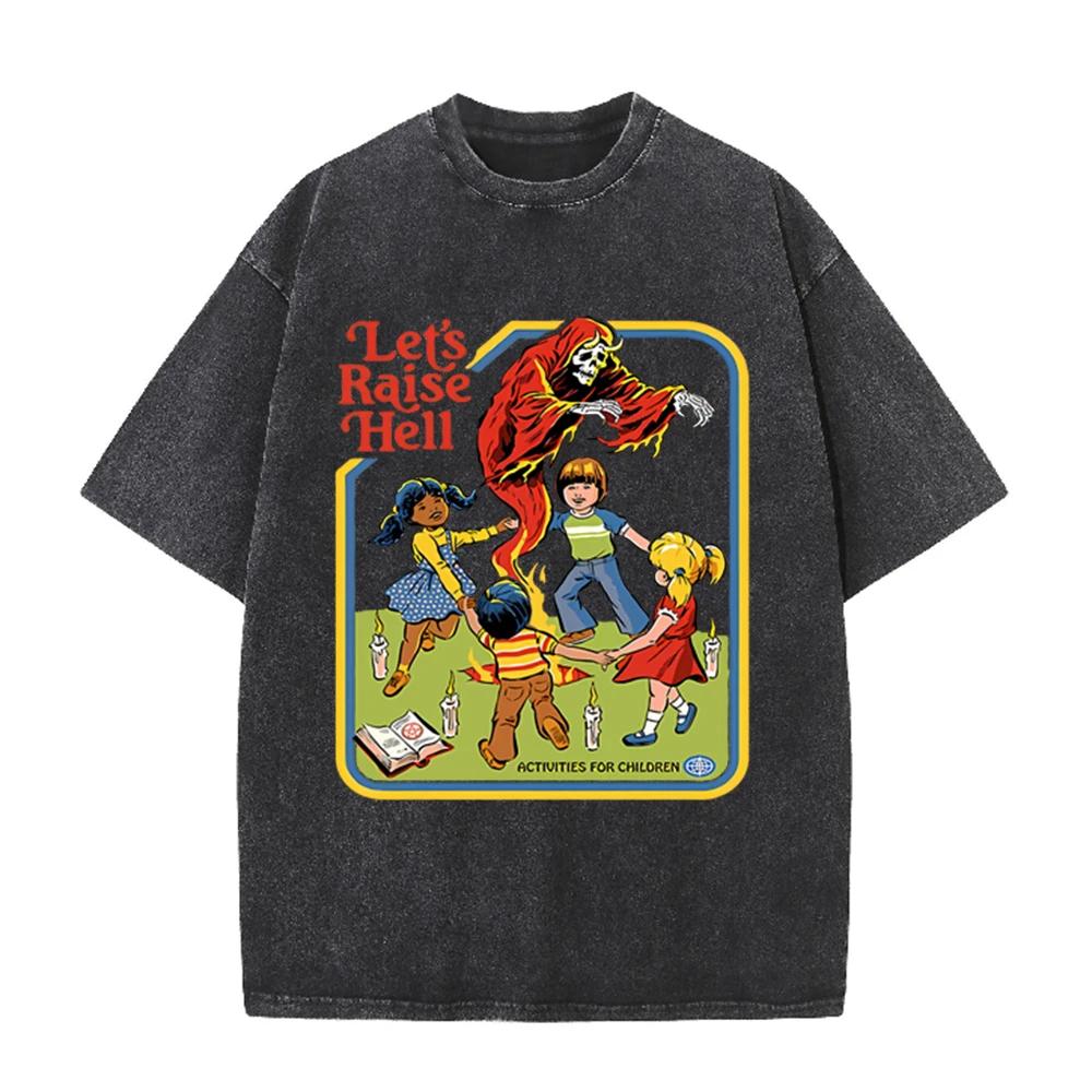 2026 Vintage Retro Grim Reaper Kids Graphic Beige Acid Washed T Shirt Dark Humor Lets Raise Hell Slogan Cartoon Aesthetic Overs