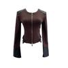 Herbst PU-Leder Patchwork Langarm Reißverschluss Strickjacke Fleece Oberteil 2797