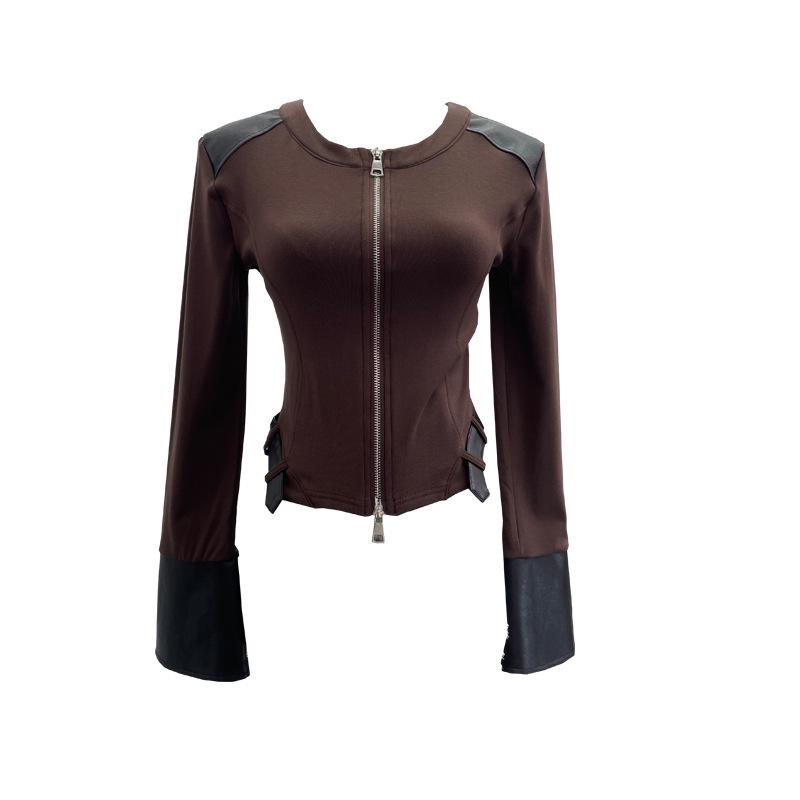 Herbst PU-Leder Patchwork Langarm Reißverschluss Strickjacke Fleece Oberteil 2797