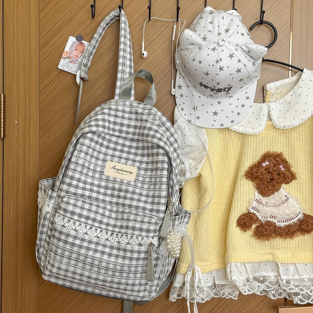 Schoolbag Korean fresh plaid corrugated backpack girl heart lace small schoolbag girls junior high school students female commuter bag