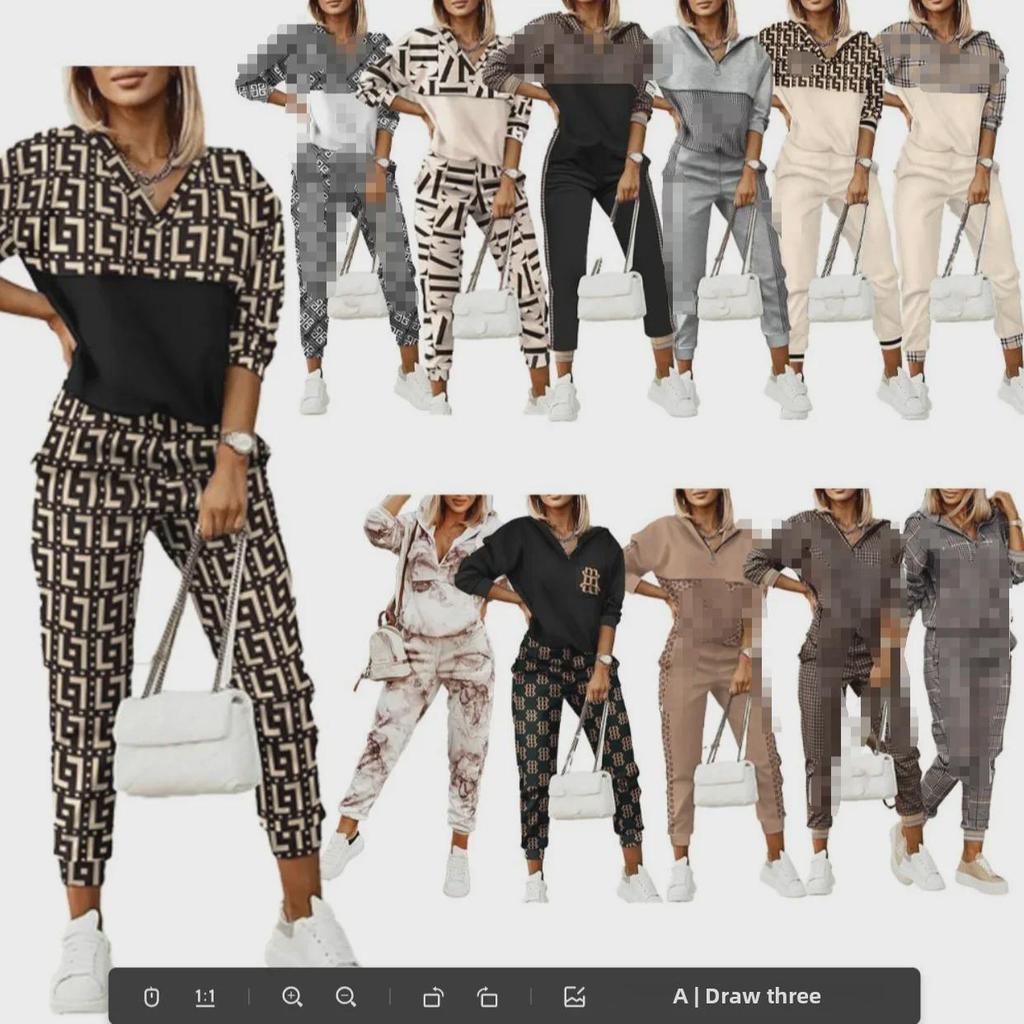 Europäisches und amerikanisches Set aus bedrucktem Langarmpullover und Hose für Damen