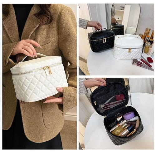 Stylish Quilted PU Makeup Bag Portable Cosmetic Organizer Travel Toiletry Pouch Black