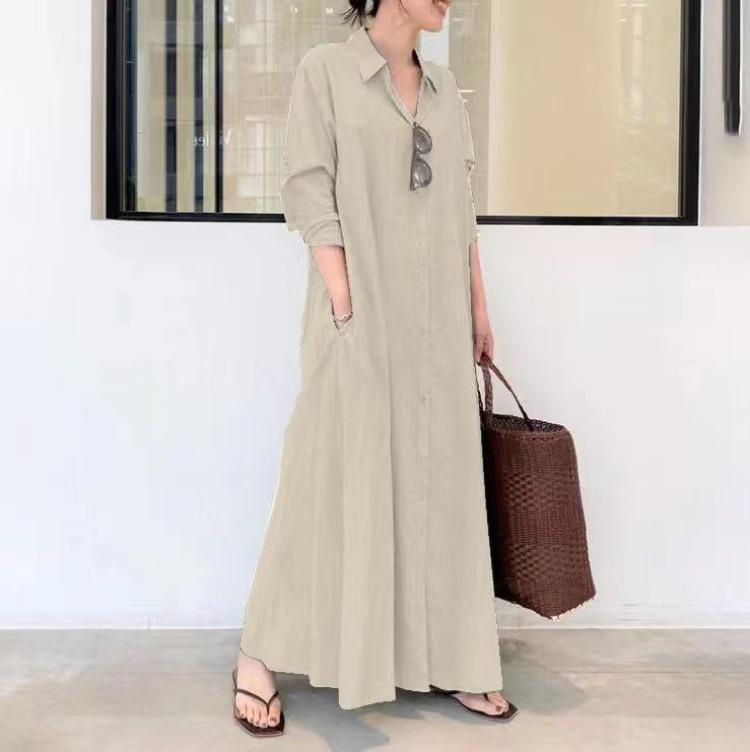 Abito Lungo Camicia da Donna con Maniche Lunghe, Scollo a V, Bottoni e Tasche in Cotone