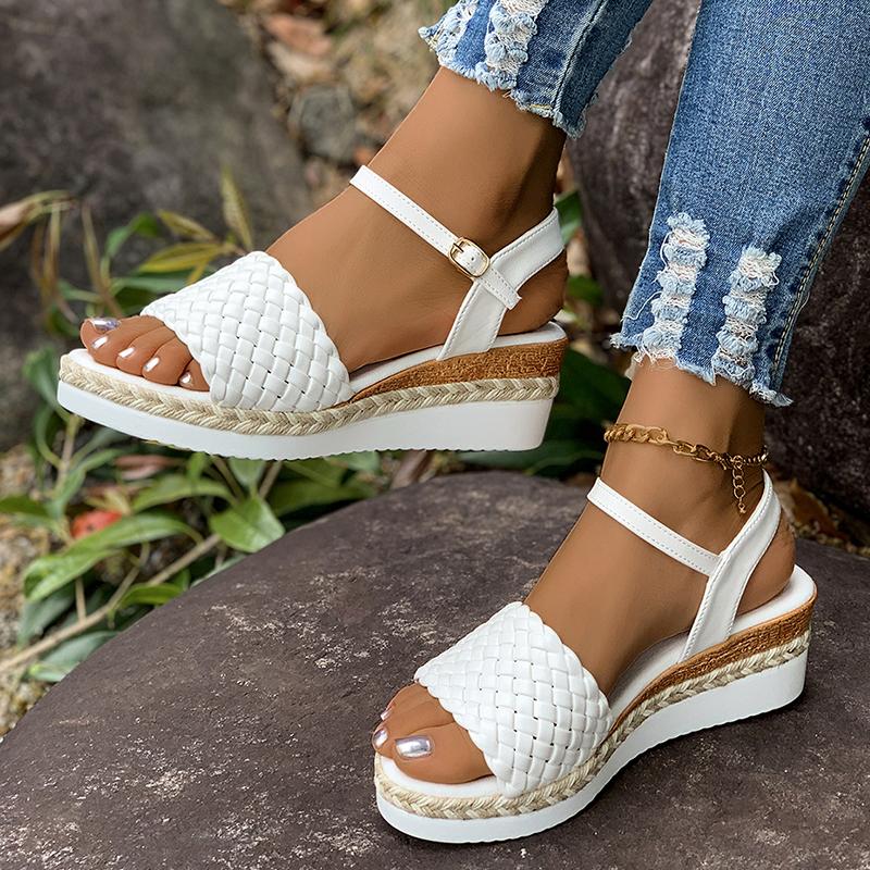 Dámské letní bílé klínkové sandály Módní pletený kotníkový pásek Platformové sandály Žena Lehké protiskluzové plážové boty Plus Size