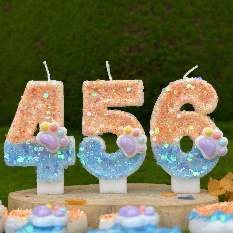 Sequin Cat Paw Dog Paw Digital Birthday Candle Cake Party Decoration First Birthday Celebration