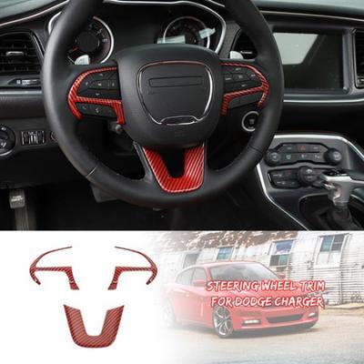 Cache Garniture Moulure Volant de Voiture pour Dodge Charger 2015+ Fibre de Carbone Rouge