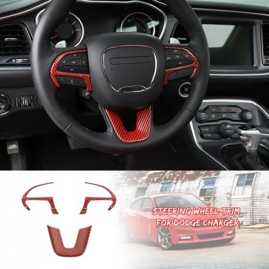 Car Steering Wheel Moulding Trim Cover for Dodge Charger 2015+ Red Carbon Fiber
