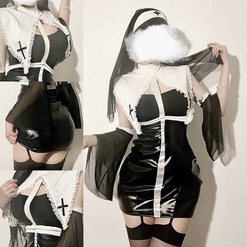 New Sexy Lingerie Europe and America Halloween Cosplay Costume Nun Uuit Leather Suit