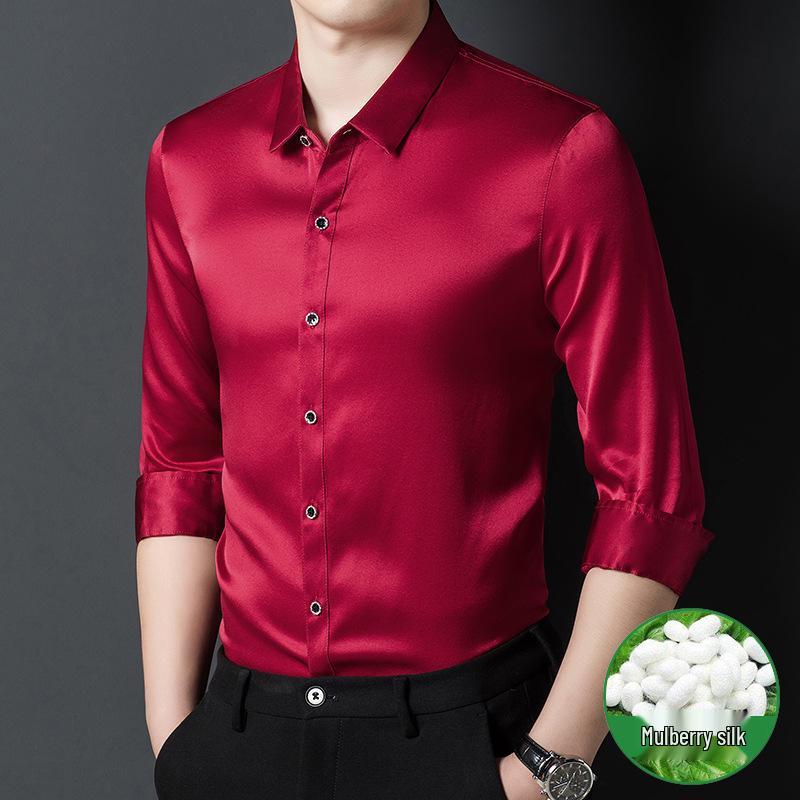 Premium Mulberry Silk Long-Sleeve Men's Shirt - Non-Iron, Solid Color, Business Casual for Autumn and Spring