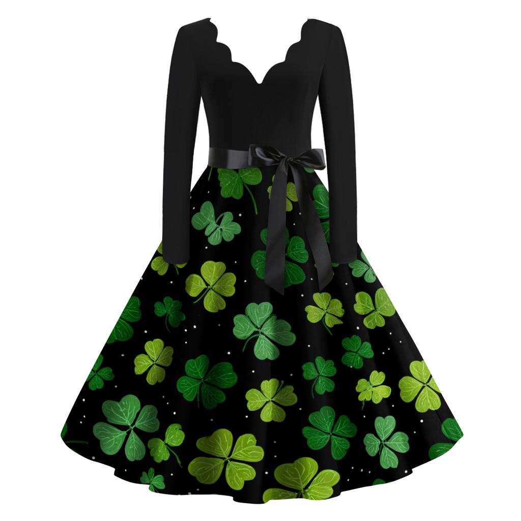 Damen Freizeitmode Bedrucktes V-Ausschnitt Retro Langarmkleid