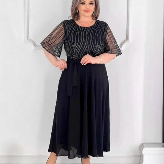 2025 Trendy Plus Size Women's Mesh Lining Dress with Five Sleeves