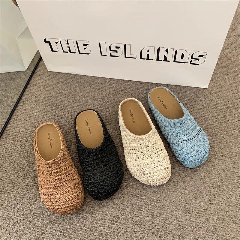 Wind woven hollow breathable bag head half slippers women wear flat bottom summer new lazy sandals